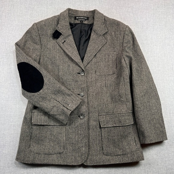 VTG Braebrook Wool Houndstooth Sport Coat Blazer Women 16 Gray Elbow Patch Prep - Picture 2 of 14